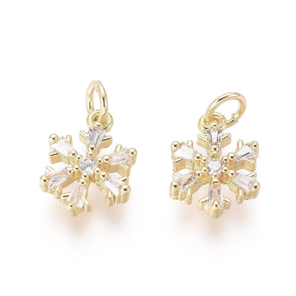 3450 10 pcs Brass Cubic Zirconia Golden Color Snowflake Charms Christmas